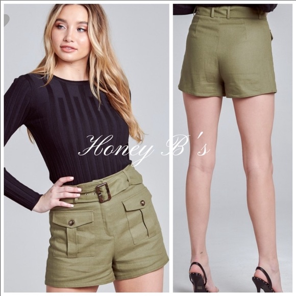 Luxury LINEN Khaki High-Rise Belted Shorts, NWT. - Picture 7 of 13